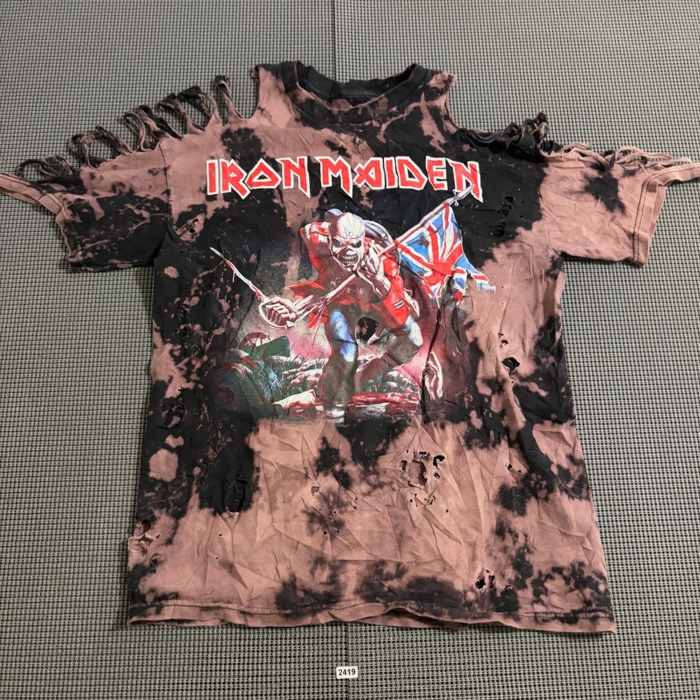 Iron Maiden Bleach Dye Distressed Cold Shoulder Graphic T-Shirt Size Estimated S